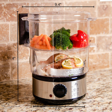 OVENTE 2 Tier Electric Food Steamer for Cooking Vegetables, Stainless Steel Base, Stackable and Dishwasher Safe Baskets, 400W with Auto Shutoff and 60-Minute Timer, 5 Quart Capacity, Silver FS62S OVENTE