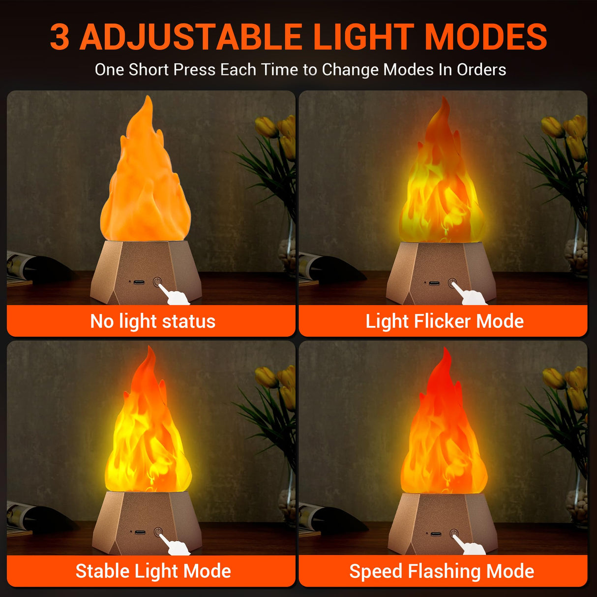 Ollcuz Fake Fire Lamp, USB Rechargeable Flameless Candles with Flickering Flame, 3-Mode LED Flame Light for Outdoor Camping Holiday Halloween Christmas Thanksgiving Table Yard Decorations Ollcuz