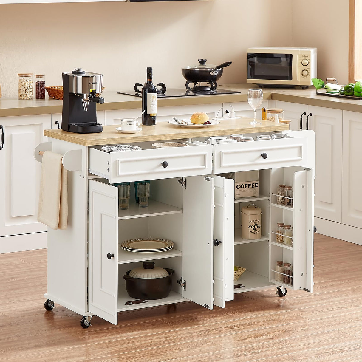 ONBRILL 58" Mobile Kitchen Island, Kitchen Island Cart with Power Outlet, Island Table for Kitchen, Home Bar Carts with Storage, Kitchen Rolling Island with Spice Rack & Towel Rack & Knife Holder ONBRILL