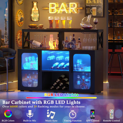 Aheaplus Bar Cabinet with Power Outlets, Liquor Cabinet with Led Lights and Glass Holder, Storage Buffet Cabinet Coffee Bar Cabinet for Liquor, Wine Cabinet with Racks -G2, Black - WoodArtSupply