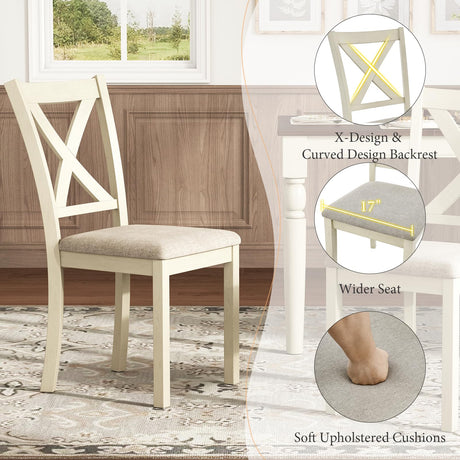AMERLIFE 6-Piece Farmhouse Dining Table Set, 60” Solid Wood Table, 4 Upholstered Chairs and Bench, Rustic White and Walnut Finish, Seating for 6, for Kitchen or Dining Room AMERLIFE