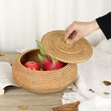 Hipiwe Round Rattan Boxes with Lid Natural Woven Storage Basket Bin Multi-Purpose Wicker Tray Weaving Decorative Shelf Basket Farmhouse Picnic Food Bread Fruit Table Storage Basket Hipiwe