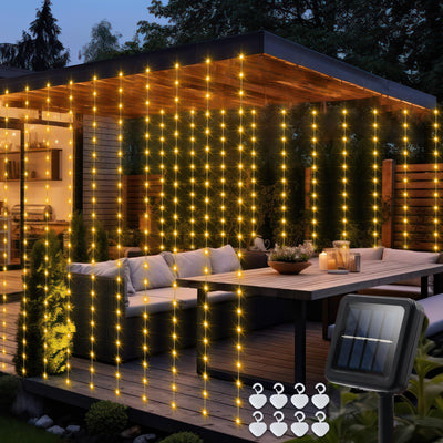 Solar Curtain Lights 7.9ft x 6ft 144 LED Outdoor Curtain Lights Waterproof with Timer 8 Modes for Christmas Garden Patio Fence Wedding Wall Window Gazebo Decor - Warm White