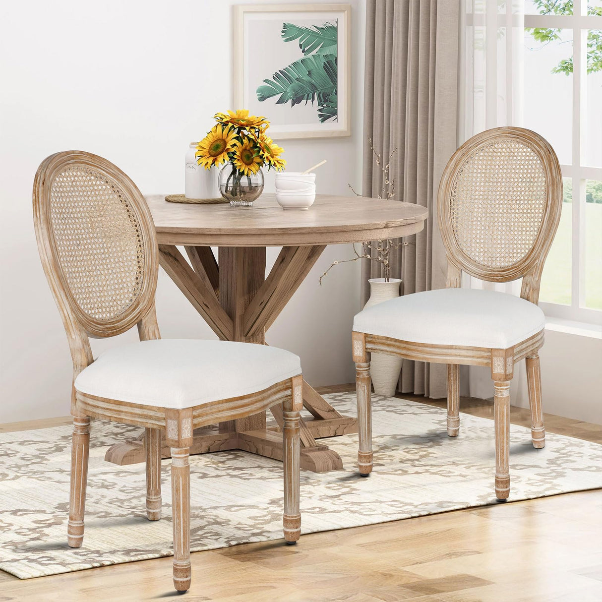 Polar Aurora Dining Chairs Set of 4 Beige Rattan Round Back with Solid Wood Legs and Frame for French Country Kitchen Dining Room Polar Aurora