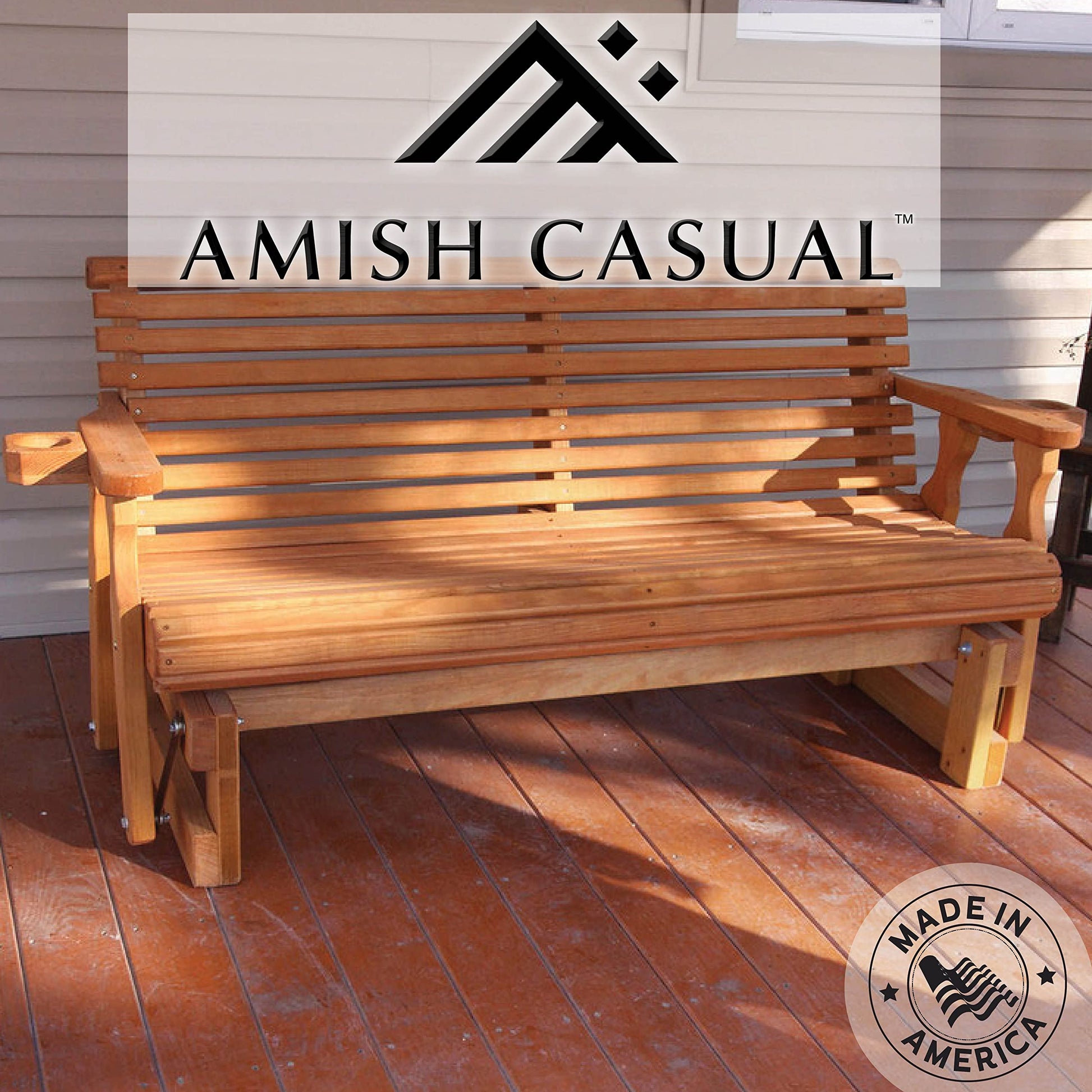 Amish Casual Heavy Duty 800 Lb Roll Back Pressure Treated Porch Glider with Cupholders (5 Foot, Cedar Stain) - WoodArtSupply