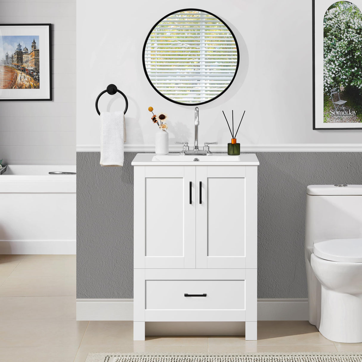 Yaheetech 24.5" Modern Bathroom Vanity with Ceramic Basin, Undermount Bathroom Vanity Sink Cabinet with 2 Doors and 1 Drawer, Free Standing Bathroom Storage Cabinet with Sink Combo Set, White Yaheetech