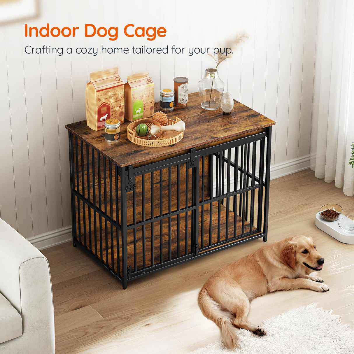 HOOBRO Dog Crate Furniture, 36.6" Heavy Duty Dog Kennel with Sliding Barn Door, Wooden Dog Cage Indoor, Decorative Side End Table for Small/Medium Dogs, Rustic Brown and Black FG162GW03G1 HOOBRO