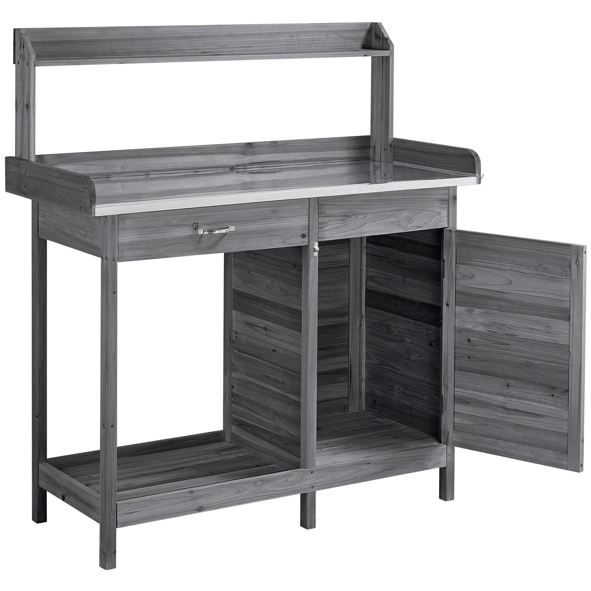 Topeakmart Garden Potting Bench Wooden Workstation Outdoor Wooden Potting Table W/Top Shelf & Lower Shelf & Cabinet Drawer & Open Shelf Gray Topeakmart