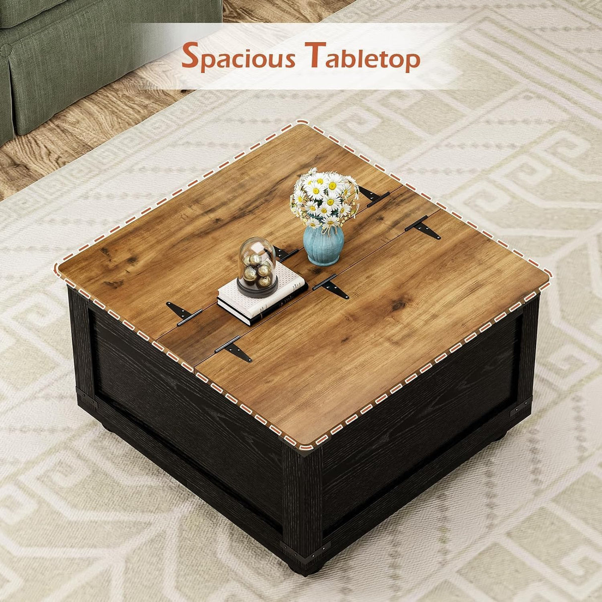 MaverickFurni Farmhouse Coffee Table with Storage, Lift Coffee Tables for Living Room, Square Coffee Table with Wood Gourd Feet and Hydraulic Gas Rod (Black) MaverickFurni