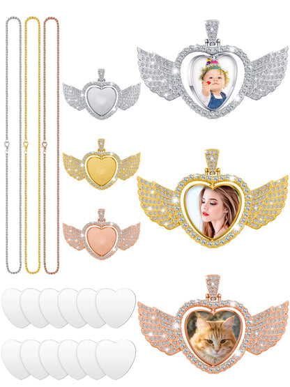 Junkin 24 Pcs Sublimation Rhinestone Trays Pendant Set, Including 6 Double Sided Blank Rhinestone Bezel Trays, 6 Pcs Thick Chains with 12 Sublimation Discs for Making (Gold, White, Rose Gold)