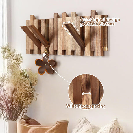 KYIAANY Wall Coat Rack for Entryway: Rustic Wooden Folding 8 Hooks Mount 16.5inch Decorative Piano Hanger for Farmhouse Hallway Bathroom for Towel Backpack Jacket (Staggered Style) KYIAANY