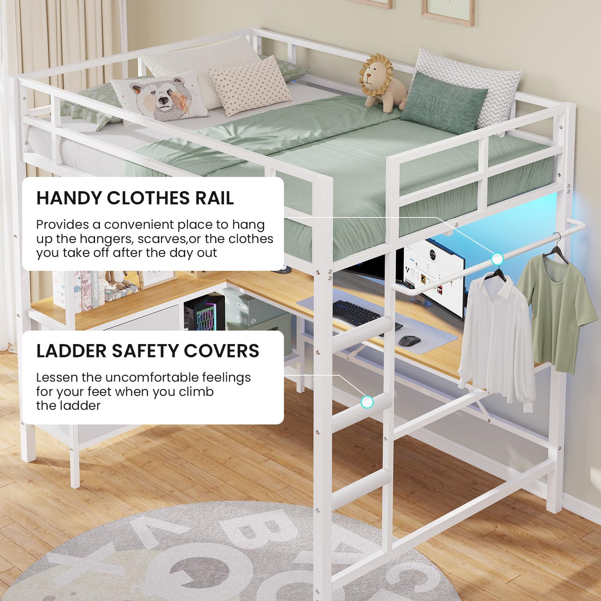 DICTAC Full Size Loft Bed with L-Shaped Desk, LED Lights and Charging Station Full Metal Loft Bed Frame with 3 Storage Shelves & 3 Fabric Drawers,Loft Beds with Top Bunk -Safety Guard & Ladder,White DICTAC