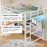 DICTAC Full Size Loft Bed with L-Shaped Desk, LED Lights and Charging Station Full Metal Loft Bed Frame with 3 Storage Shelves & 3 Fabric Drawers,Loft Beds with Top Bunk -Safety Guard & Ladder,White DICTAC