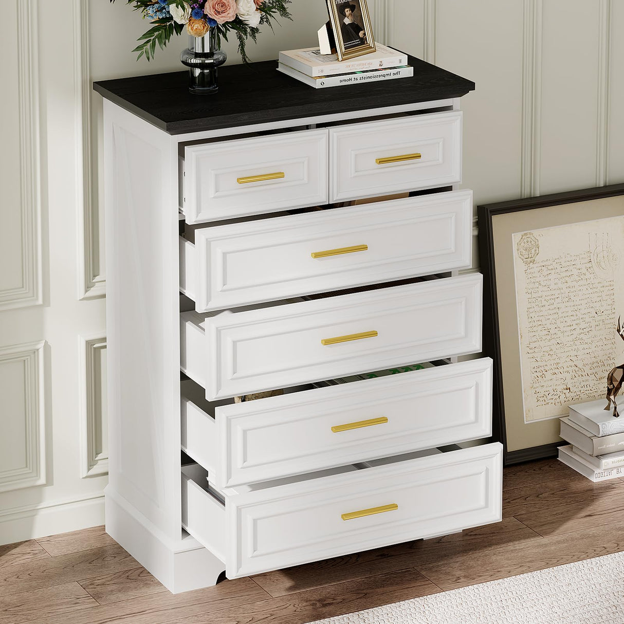 Virabit White Dresser for Bedroom with 6 Drawers, 44" Tall Wooden Farmhouse Cabinet, Modern Kids Dresser with Metal Handle, Mid Century Chest of Organizer for Closet, Living Room, Hallway Virabit