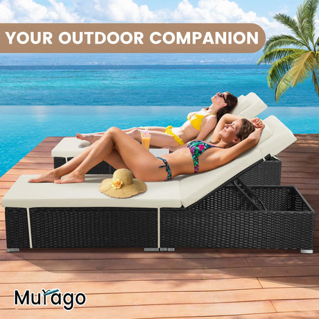 Murago 3 Piece Set, Includes 2 Wicker Chaise Lounge Chairs for Outdoors with Matching Side Table, Idea Oversized Reclining Patio Lounger with Washable Cushions, White Murago