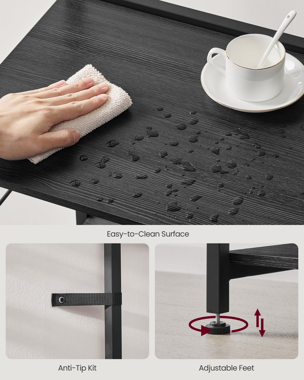 VASAGLE Bakers Rack with Power Outlet, 35.4 Inches Microwave Stand, Coffee Bar, 4 AC Outlets, with Adjustable Shelves, 8 S-Hooks, Basket, Spice Racks, Charcoal Gray and Ink Black UKKS031B22 VASAGLE