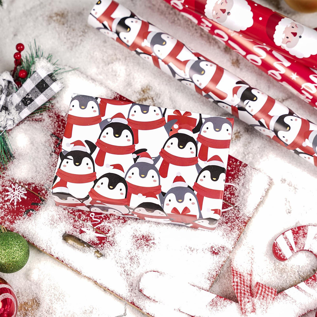 LeZakaa Christmas Wrapping Paper Roll - Mini Roll - 3 Rolls - 17 Inch X 120 Inch Per Roll - Red & White Penguins, Ho, Santa Claus, Christmas Elements Holiday Collection LeZakaa