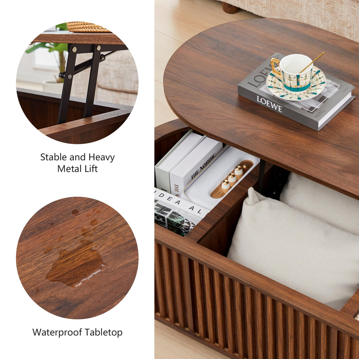 CHILILTDUS Oval Lift Top Coffee Table with Storage, 43.3”Mid Century Modern Center Table with Hidden Compartment, Fluted Wooden Lift Tabletop Dining Tables for Living Room Apartment Home Office,Walnut CHILILTDUS