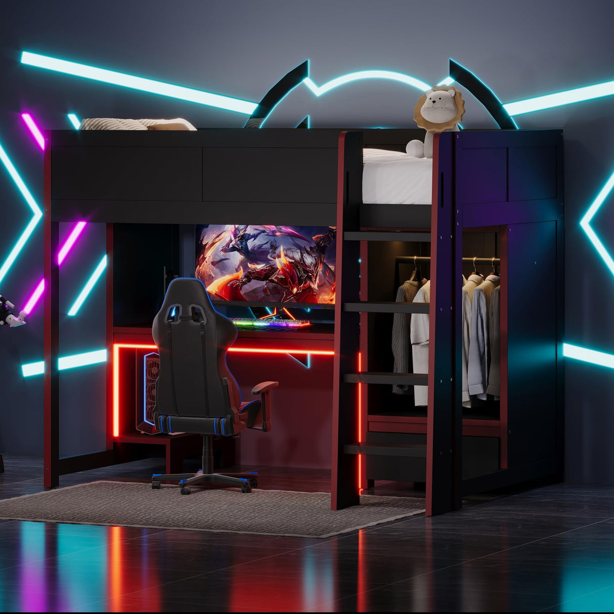 Polibi Twin Size Gaming Loft Bed with Built-in Desk, Wardrobe & LED Lights,Space-Saving Workstation, Storage Drawer,MDF & Pine Wood Frame,No Box Spring Needed,Black Polibi