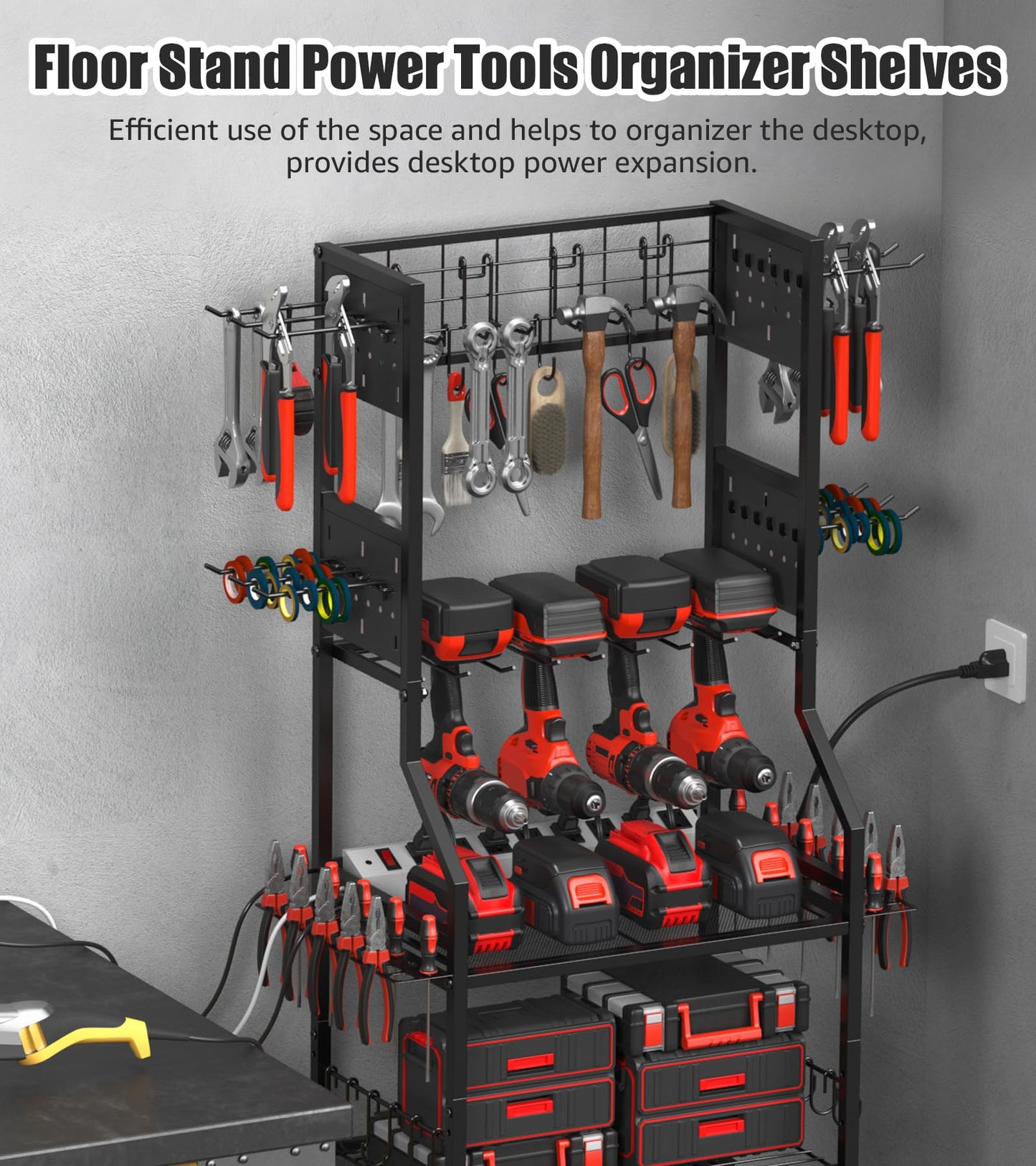 CCCEI Garage Small Power Tools Organizer Floor Stand, Drill and Battery Storage Rack with Charging Station, All Metal Tool Shelf with Pegboard and Hooks, Gift for Men. - WoodArtSupply