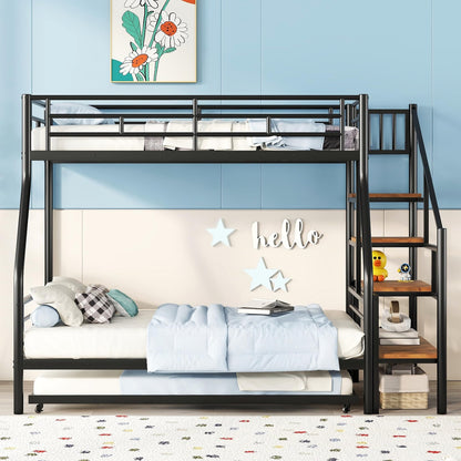 Harper & Bright Designs Twin Over Full Bunk Beds with Trundle, Metal Bunk Beds with Storage Staircase and Guard Rail, Bunk Bed Twin Over Full Size for Boys Girls Teens Dormitory Bedroom,Black