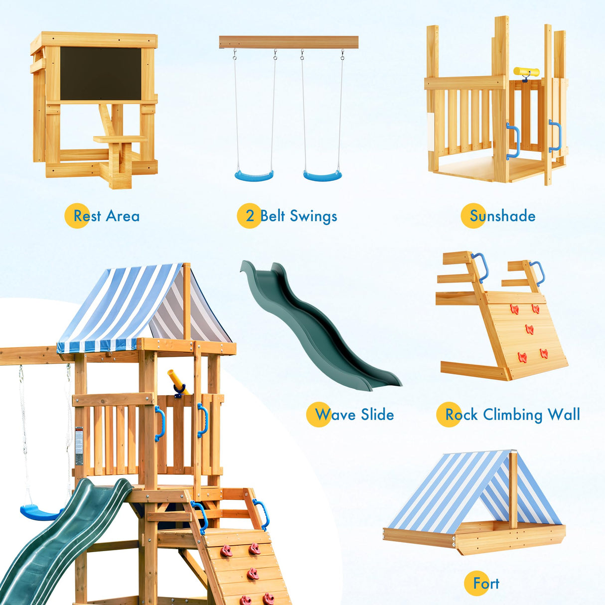 ROBUD Swing Sets for Backyard, Wooden Swing Set, All-in-One Kids Outdoor Play Equipment with Two Swings, Slide, Rock Climbing Wall, Blackboard, Telescope, Fort, Outdoor Playset for Kids & Toddlers ROBUD