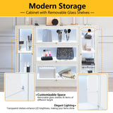 BONITURE Display Cabinet with Acrylic Glass Doors,Extra Wide Curio Cabinet with LED Lighting for Collectibles, Collectibles Toy Organizers Rack & Display Shelf Display Case, Antique White BONITURE