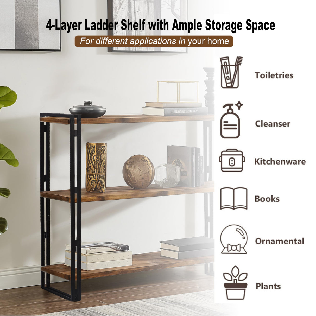 HIBOAT 47" 3-Tier Bookshelf Rustic Wood and Metal Industrial Bookshelf for Home Office, Bedroom, Kitchen, Bathroom (Rustic Brown, 3-Tier) HIBOAT