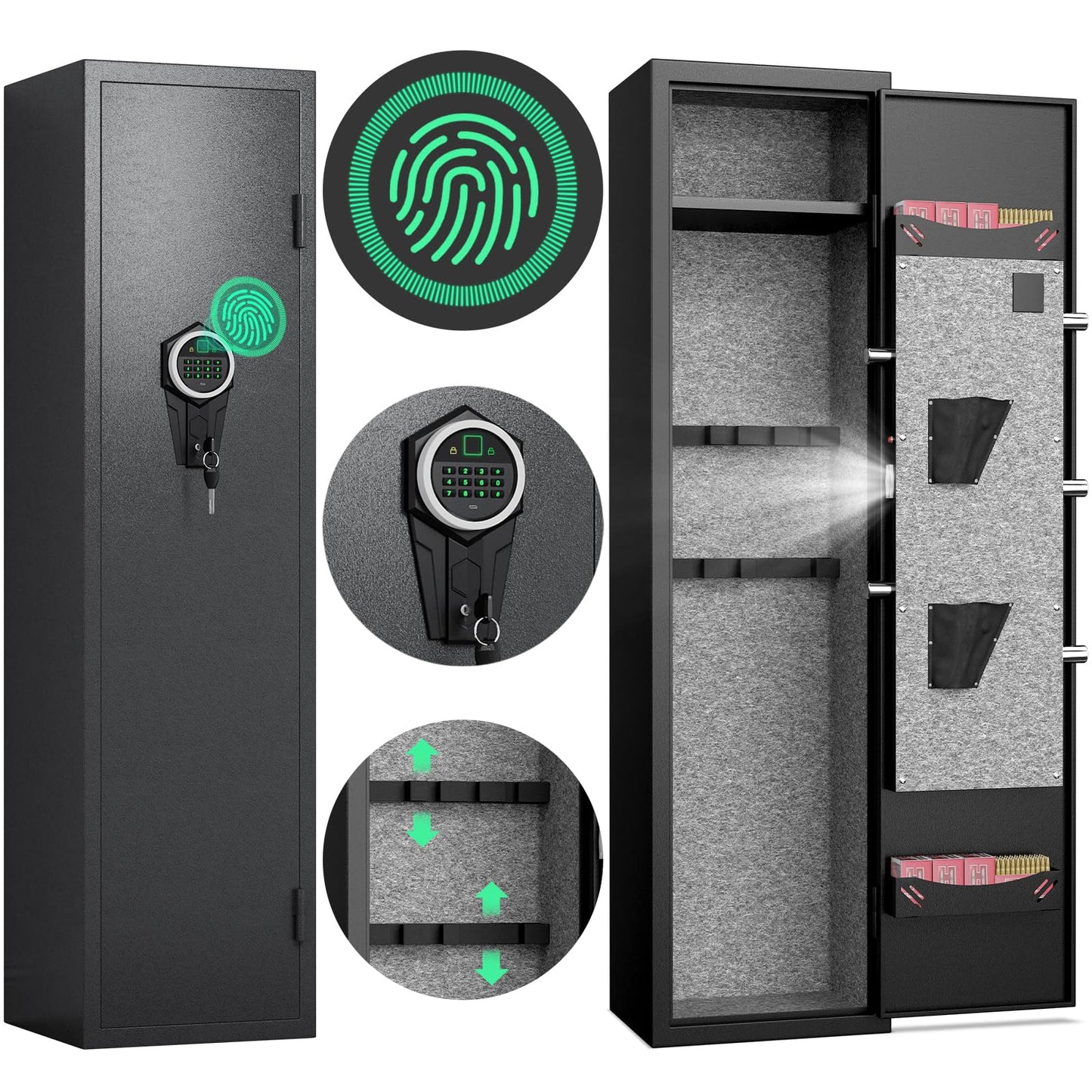 Omethey 2-3 Gun Safe, Biometric Fingerprint Gun Safe for Rifles and Pistols, Quick Access Rifle Gun Safe with Silent Mode and Alarm System, Gun Cabinet with Removable Shelf and 2 Adjustable G - WoodArtSupply