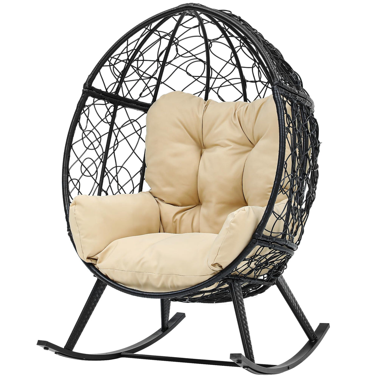 DWVO Wicker Rocking Egg Chair, Oversized Indoor Outdoor Rattan Rocking Chair, Indoor Outdoor Lounger for Patio, Backyard, Living Room, Black & Beige DWVO
