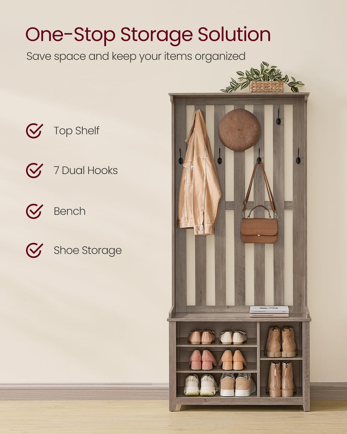 VASAGLE Hall Tree with Bench and Shoe Storage, Coat Rack with Shoe Bench, 7 Double Hooks for Jackets, Hats, Entryway, Bedroom, Living Room, 13.8 x 31.9 x 70.9 Inches, Heather Greige UHSR414G01 VASAGLE