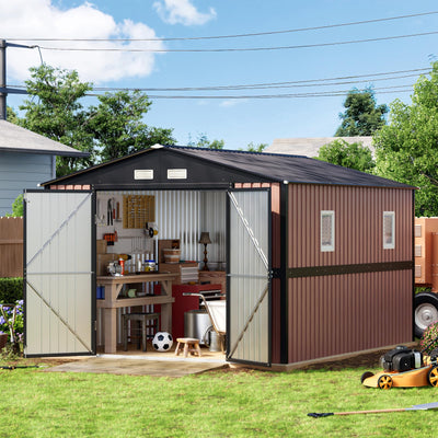 Panovue 10X12 FT Outdoor Metal Storage Shed with Lockable Doors & 2 Windows, Storage Shed Large with Metal Frame Floor for Patio Storage, Garbage Can, Chicken Coop(Wood Panels Not Included)
