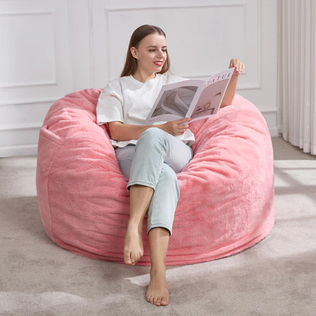 Hobestluk 3ft Bean Bag Chairs for Adults Large Beanbag Chair with Plush Faux Fur Cover Big Bean Bag Chair for Living Room Bedroom Dorm Office -Pink (36” x 36” x 22”) Hobestluk
