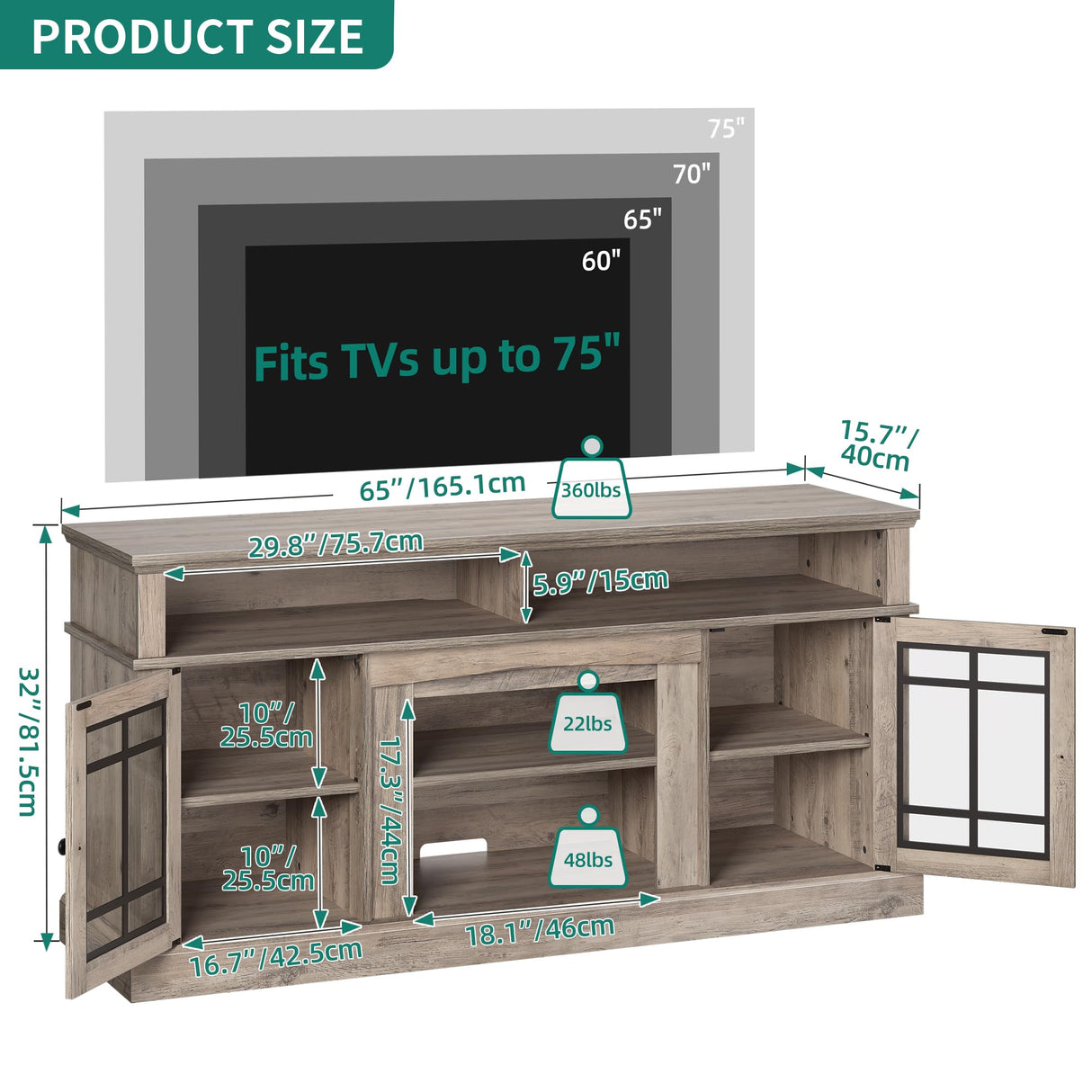 YITAHOME Modern TV Stand for 75 Inch TV, LED Entertainment Center with Adjustable Shelves and Glass Doors, 32'' Tall Television Stands TV Media Console Table for Living Room, Grey Wash YITAHOME