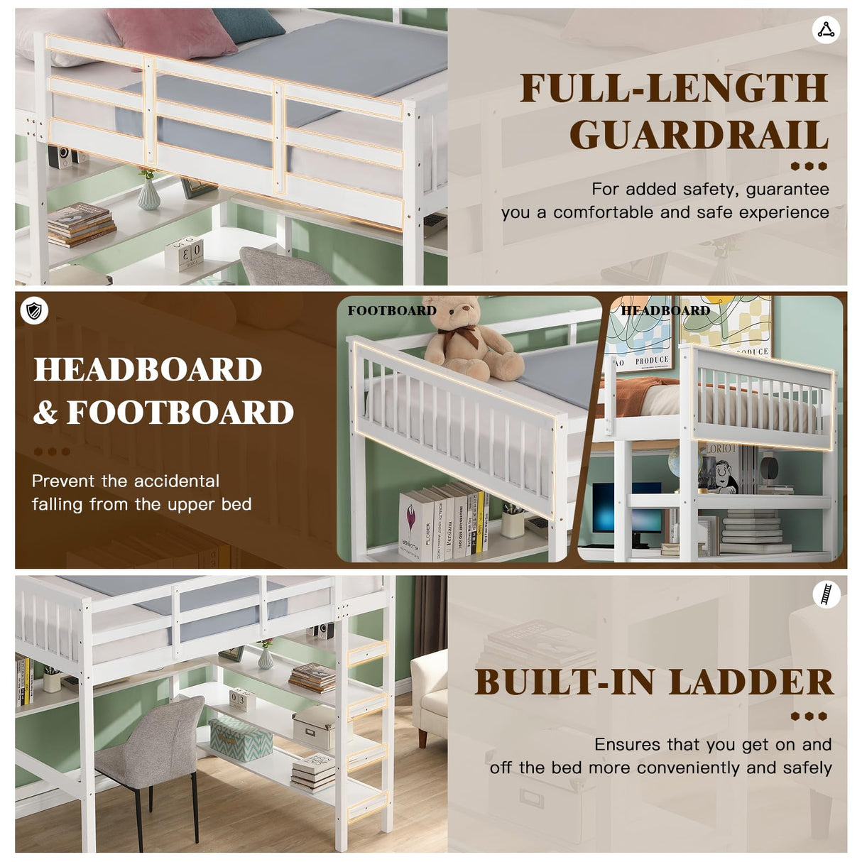 KINFFICT Space-Saving Twin Loft Bed with Integrated Desk and Bookshelves in White KINFFICT