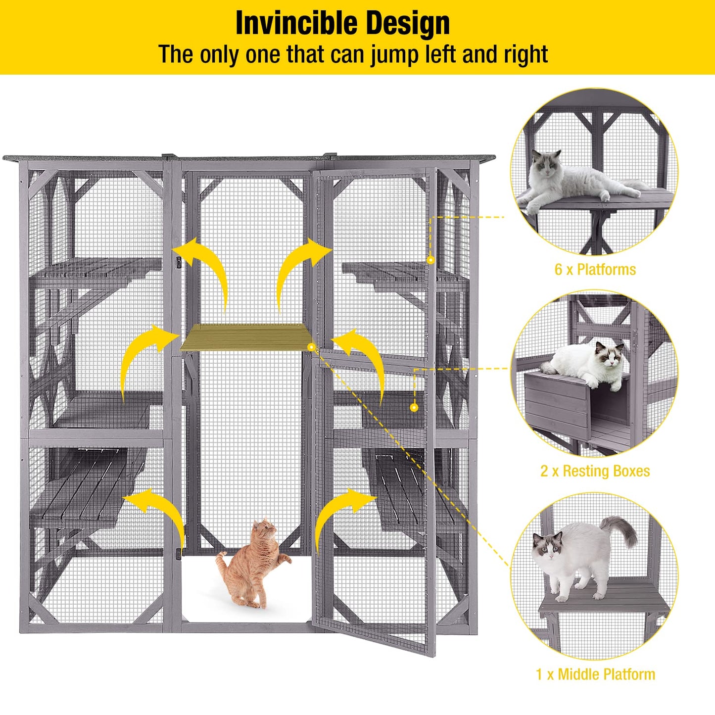 Aivituvin Cat House Outdoor Catio Kitty Enclosure with Super Large Enter Door, Wooden Cat Cage Condo Indoor Playpen with Platforms & Small House-71 Inch