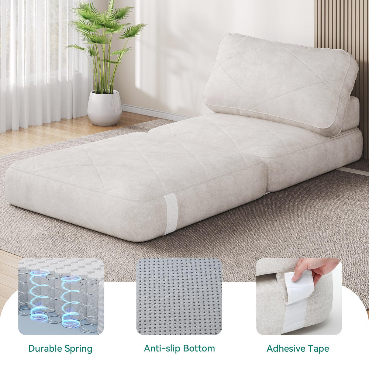YITAHOME Folding Sofa Bed,New Upgrade Resilient Pocket Spring Cushion-Fold Out Chair Bed, Convertible Lazy Sleeper Chair with Back Support,Comfy Floor Sofa Lounge for Living Room, Bedroom, Beige YITAHOME