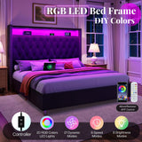 Jocisland King Size Bed Frame 53.6'' Tall Storage Headboard with LED Lights & Charging Station, Velvet Upholstered Button Tufted Wingback Platform Beds, No Box Spring Needed, USB Ports, Black Jocisland
