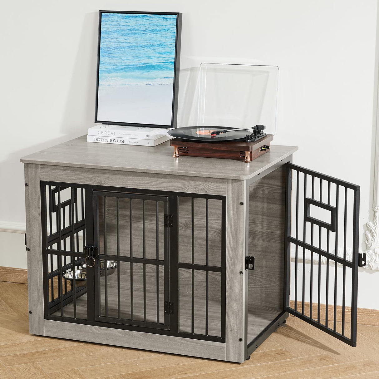 Gardner Pet Dog Crate Furniture for Medium Dogs, 32.7 Inch Dog Kennel Indoor, Wooden Dog Cage End Table with 2 Removable Bowls, Heavy Duty Dog Crate, Rustic Grey Gardner Pet