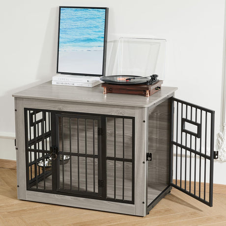 Gardner Pet Dog Crate Furniture for Medium Dogs, 32.7 Inch Dog Kennel Indoor, Wooden Dog Cage End Table with 2 Removable Bowls, Heavy Duty Dog Crate, Rustic Grey Gardner Pet