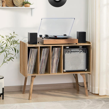 Lerliuo Record Player Stand with Charging Station Holds Up to 220 Albums, Large Turntable Stand with 4 Cabinet, Mid-Century Record Player Table,Oak Vinyl Holder Storage Shelf for Bedroom Living Room Lerliuo