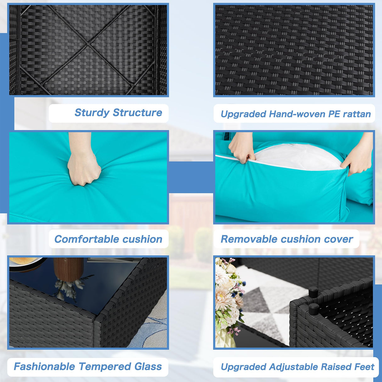 Shintenchi 5 Pieces Outdoor Patio Sectional Sofa Couch, Black PE Wicker Furniture Sets, Patio Conversation Sets with Washable Cushions Glass Coffee Table for Garden, Poolside, Backyard,Blue Shintenchi