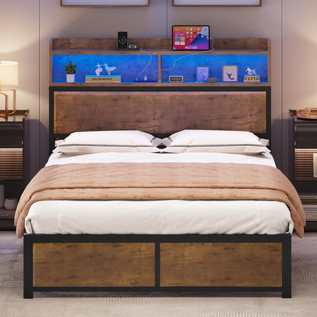 YITAHOME Vintage Brown Queen Size LED Bed Frame with USB Ports, Charging Outlets, and 2-Tier Storage Shelves YITAHOME