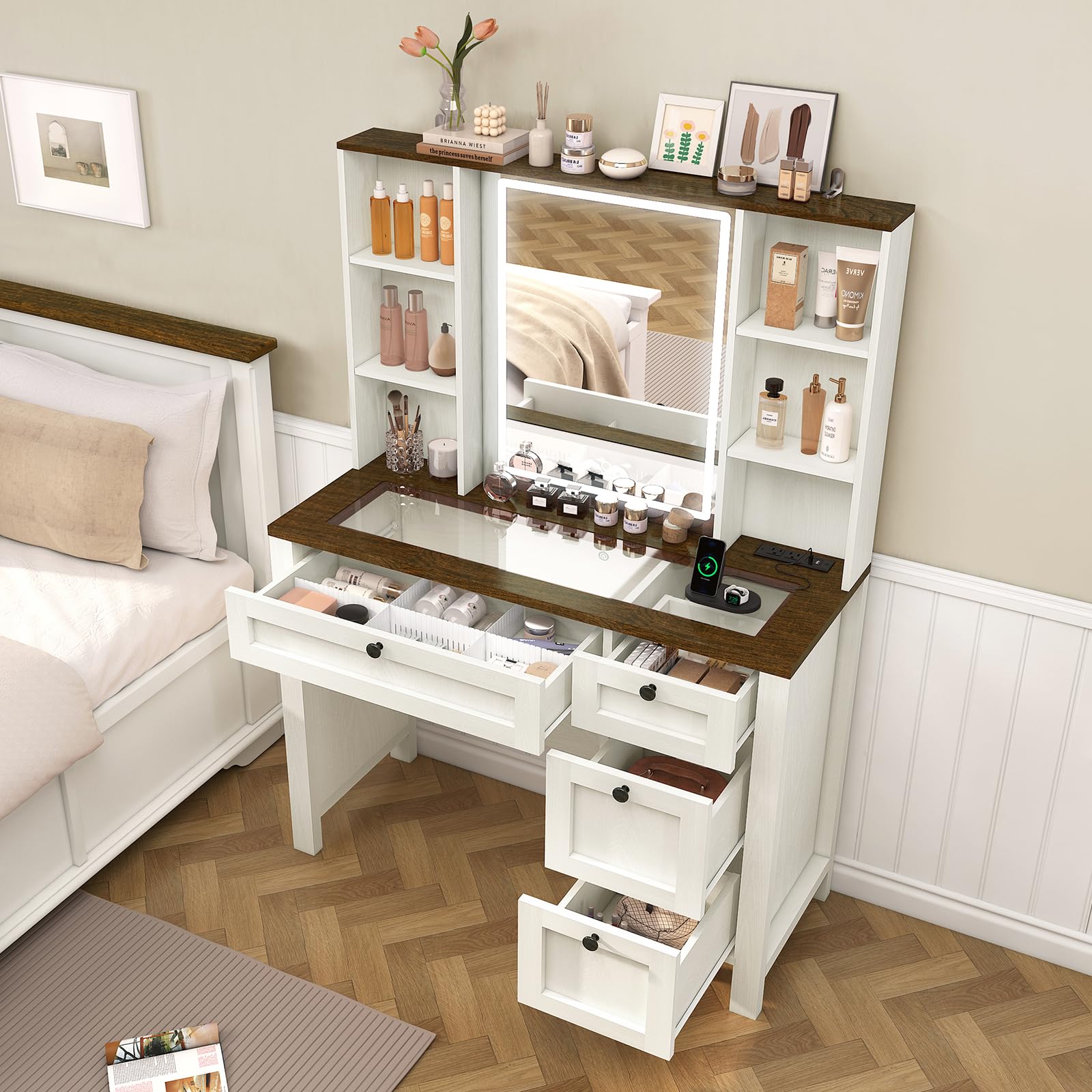 FIONESO Vanity Desk, Makeup Vanity with Glass Tabletop & Power Outlet, Vanity Desk with Mirror and Lights, Makeup Vanity Desk with 4 Drawers & 6 Shelves, Vanity Set for Bedroom, Antique White - WoodArtSupply