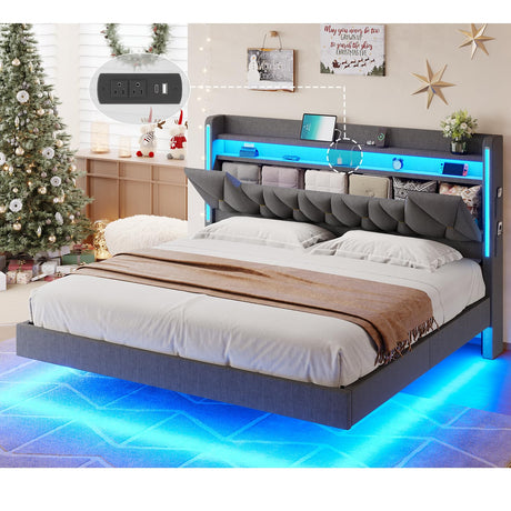 Floating Bed Frame King Size with Hidden Storage Space and Charging Station,Floating King Bed Frame with LED Light, RGB Light Fabric Platform Bed Floating,No Box Spring Needed,Easy Assembly,Dark Gray busyaeh