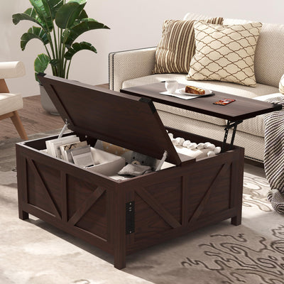 Furnivado 35'' Farmhouse Lift Top Coffee Table, Coffee Table with Storage and Large Hidden Storage, Square Coffee Table with Charging Station&USB Ports, Lift Coffee Tables for Living Room, Brown