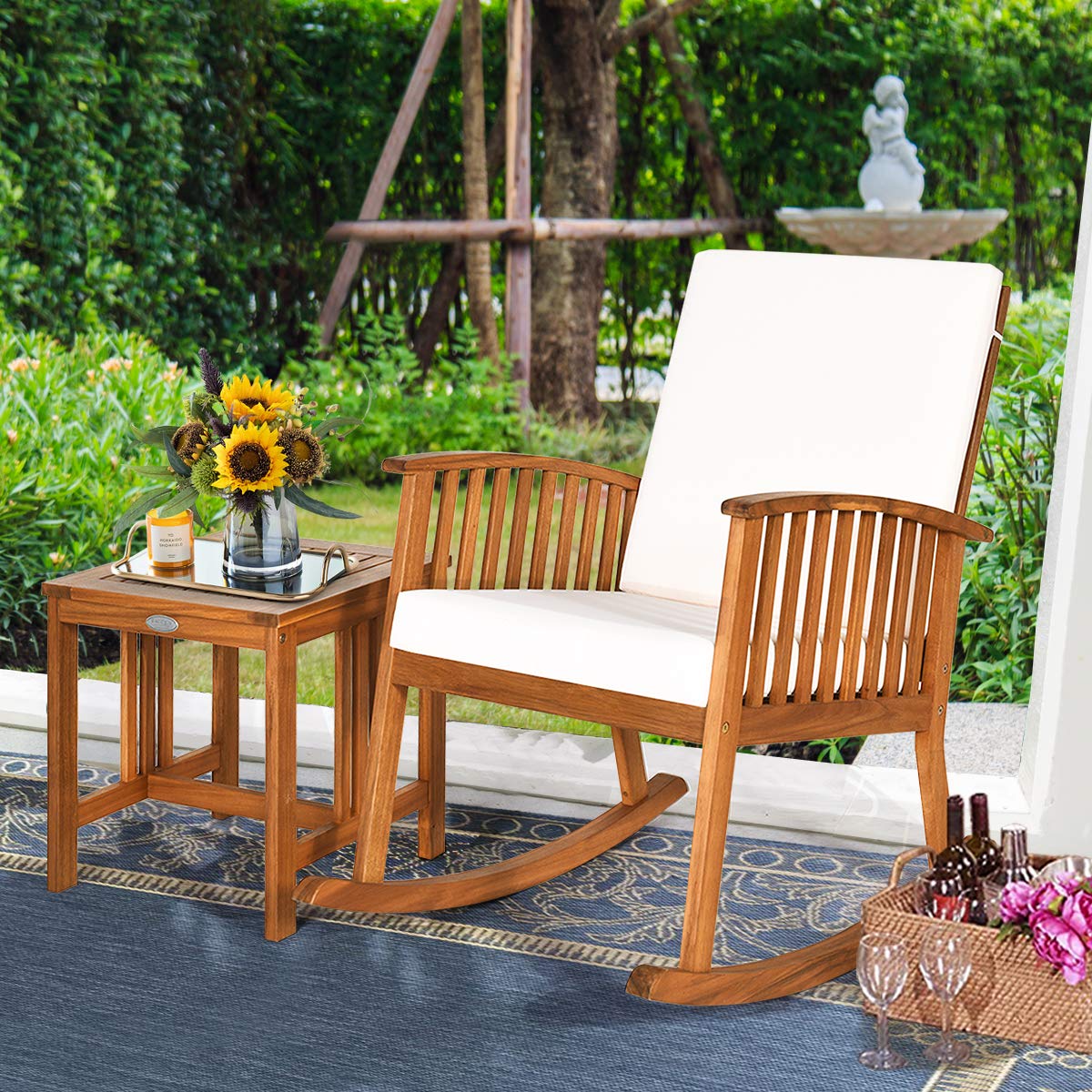 Tangkula Acacia Wood Patio Bistro Set, Outdoor Rocking Chair with Table, Porch Rocker with Thick Cushion of Detachable Cover, Porch Rocking Chair Table Set for Outdoor Indoor Patio Backyard, Teak Tangkula