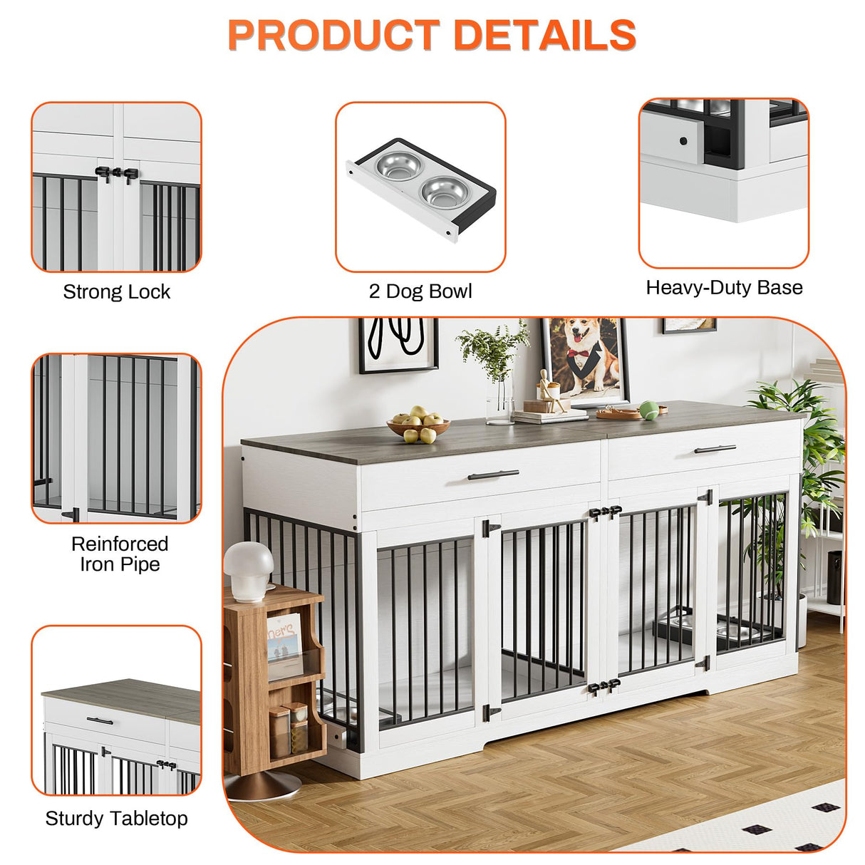 Rophefx 72" Dog Crate Furniture for 2 Dogs, Large Dog Kennel Furniture with 2 Storage Drawers and Removable Divider, Indoor Wooden Dog Cage with 4 Bowls, Dog House TV Stand for Large Dog, White Grey Rophefx