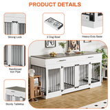 Rophefx 72" Dog Crate Furniture for 2 Dogs, Large Dog Kennel Furniture with 2 Storage Drawers and Removable Divider, Indoor Wooden Dog Cage with 4 Bowls, Dog House TV Stand for Large Dog, White Grey Rophefx