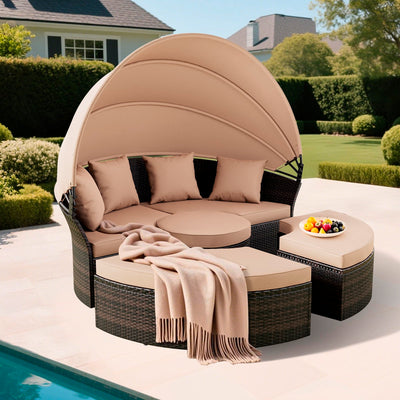 SUNCROWN Outdoor Patio Round Daybed with Retractable Canopy, Wicker Sofa Furniture Clamshell Sectional Seating with Cushions,Backyard, Porch, Brown